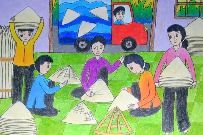 Các công đoạn hoàn thiện nón lá được khắc họa trong tranh vẽ truyền thống việt nam