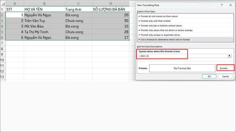 Nhập công thức tùy chỉnh để tô màu nguyên dòng