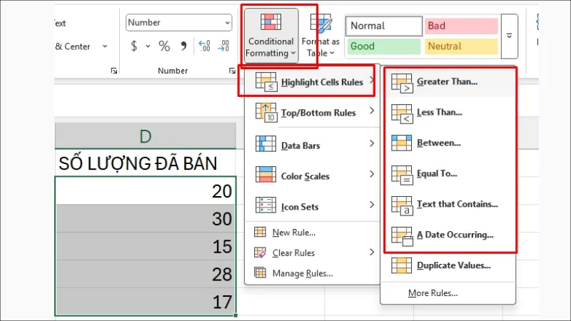 Áp dụng điều kiện Greater Than để tô màu các ô lớn hơn ngưỡng