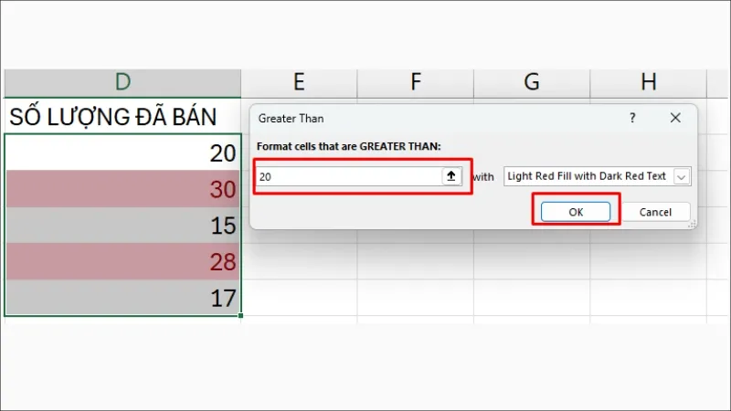 Các ô thỏa mãn điều kiện được tô màu tự động