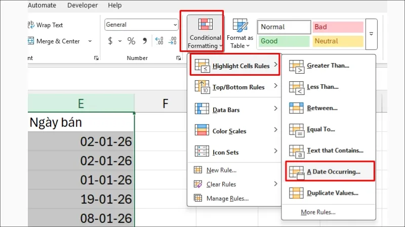 Truy cập tính năng A Date Occurring để lọc theo thời gian