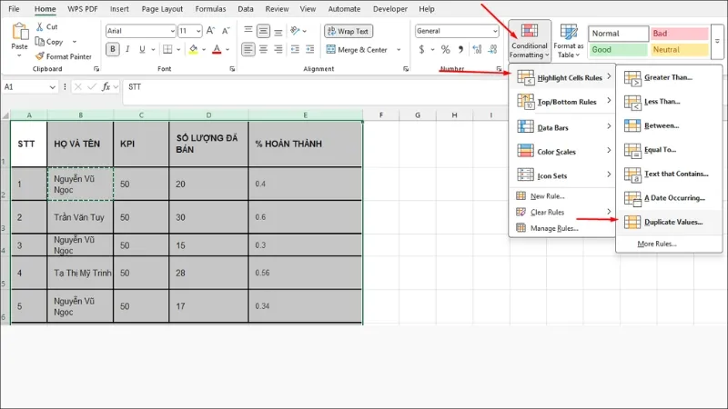 Truy cập tính năng Duplicate Values để tìm dữ liệu trùng
