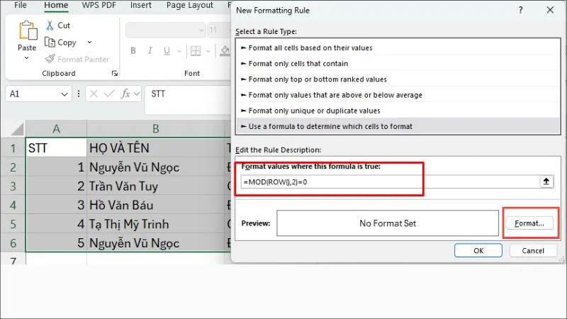 Nhập công thức MOD để xác định hàng cần tô màu