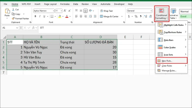 Truy cập Conditional Formatting để tạo quy tắc mới