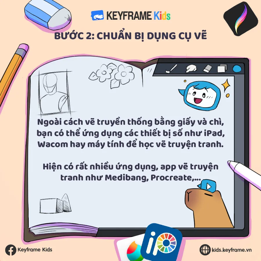 Các dụng cụ vẽ truyện tranh như bút chì giấy tẩy