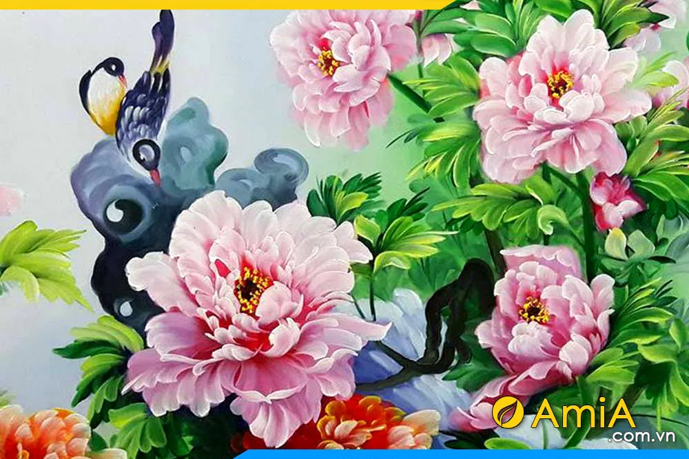 Cận cảnh từng đường nét tinh tế của tranh vẽ hoa mẫu đơn