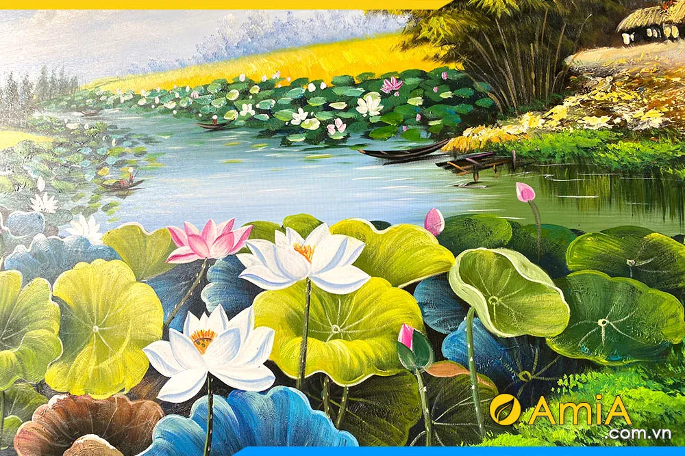 Cận cảnh từng nét vẽ sơn dầu nổi khối trên bề mặt tranh vẽ hồ sen AmiA