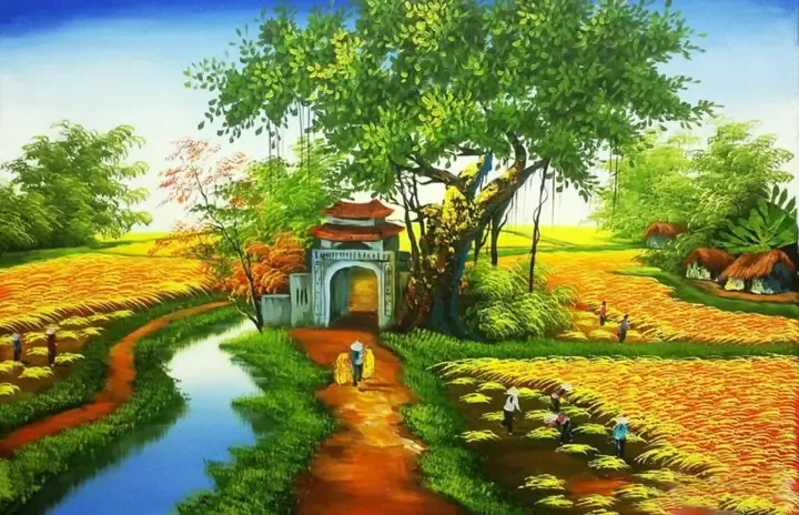 Cảnh bờ sông quê hương với con đò nhỏ đậu bến và hàng cây xanh mát