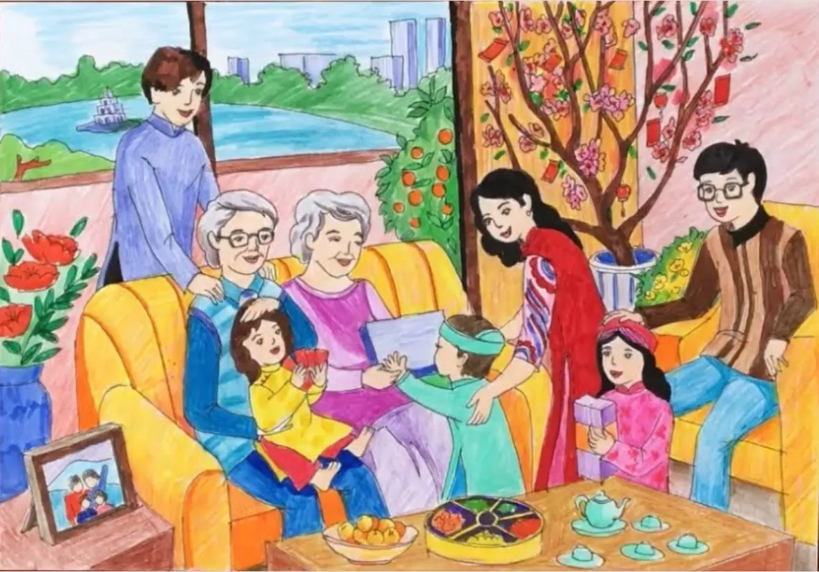 Cảnh cả nhà quây quần chúc Tết trong tranh vẽ cuộc sống thường ngày ý nghĩa