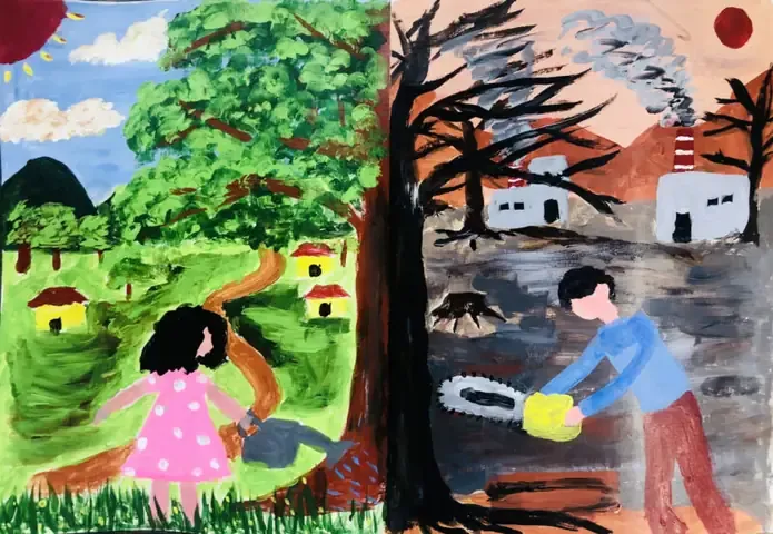 Cảnh các bạn nhỏ chung tay nhặt rác bảo vệ môi trường quê hương xanh sạch