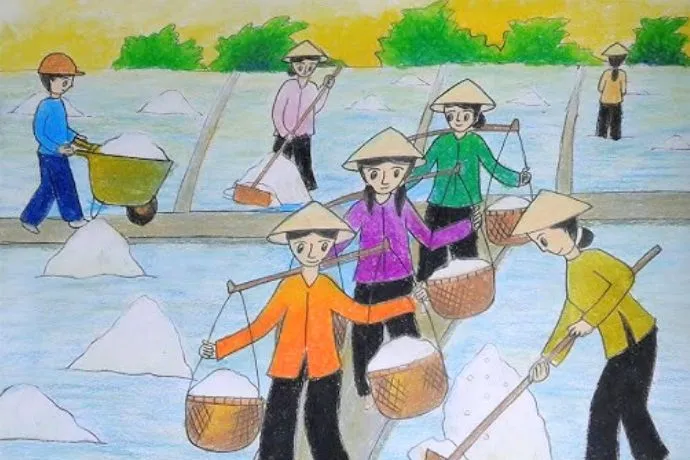 Cánh đồng muối rực rỡ dưới nắng trong tranh vẽ truyền thống việt nam
