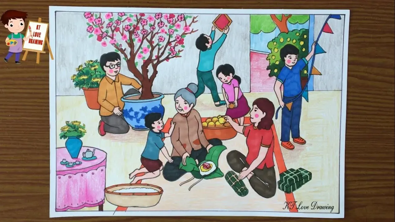 Cảnh gia đình sum vầy gói bánh chưng truyền thống bên bếp lửa hồng ấm áp