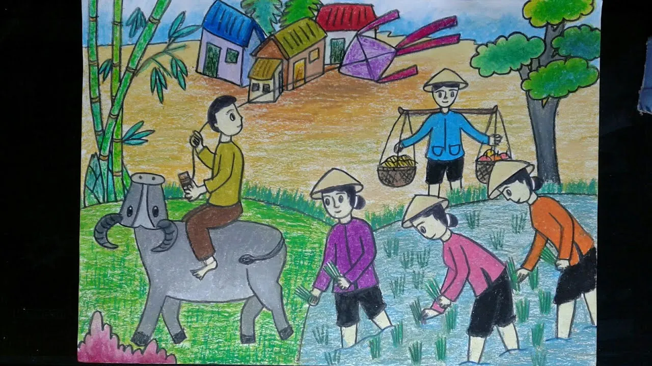 Cảnh lao động hăng say trên ruộng đồng trong tranh vẽ cuộc sống thường ngày