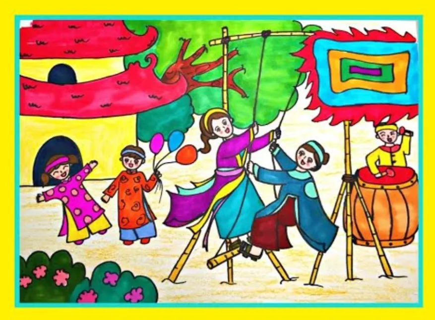 Cảnh lễ hội đầu năm rộn ràng trong tranh vẽ cuộc sống thường ngày của bé