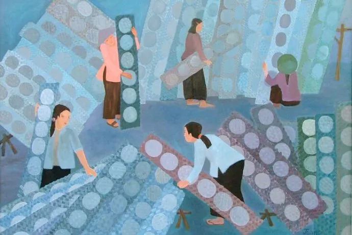 Cảnh phơi bánh tráng đặc trưng trong tranh vẽ truyền thống việt nam