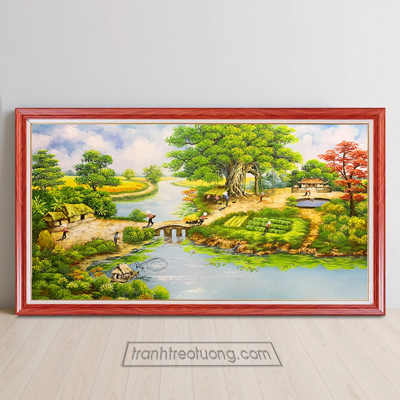 Cảnh sinh hoạt làng quê với sân đình cây đa và dòng sông đầy hoa sen nở