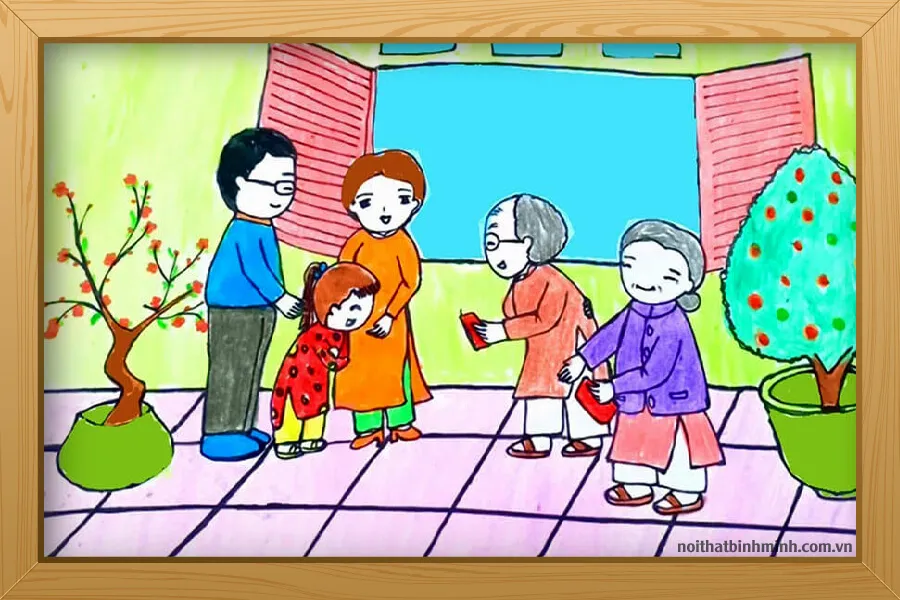 Cảnh sum họp gia đình ngày Tết được thể hiện qua nét vẽ hồn nhiên