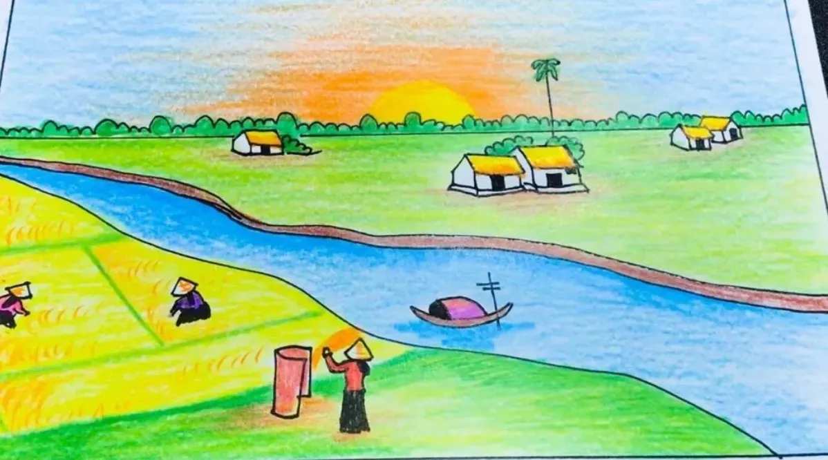 Cảnh thu hoạch lúa bận rộn trong tranh vẽ cuộc sống thường ngày của nông dân