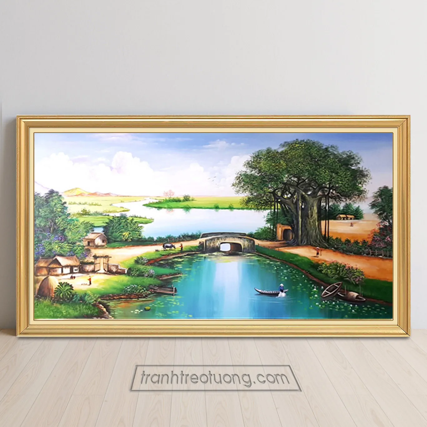 Cây đa bên dòng sông xanh mát và con đường đất dẫn qua chiếc cầu gỗ nhỏ