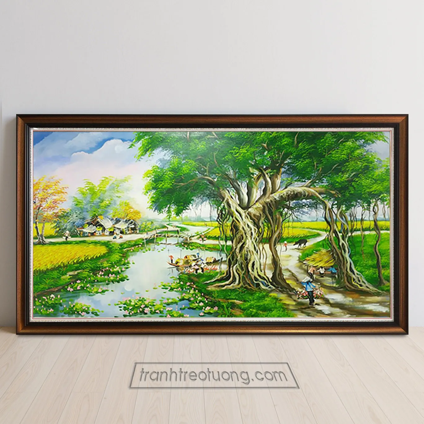 Cây đa cổ thụ soi bóng bên hồ sen và con đường đất làng quê thanh bình