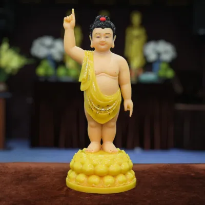 Tượng Phật Đản Sanh, Bột Đá Thạch Anh Vẽ Hoa, Cao 40cm, 48cm, 66cm