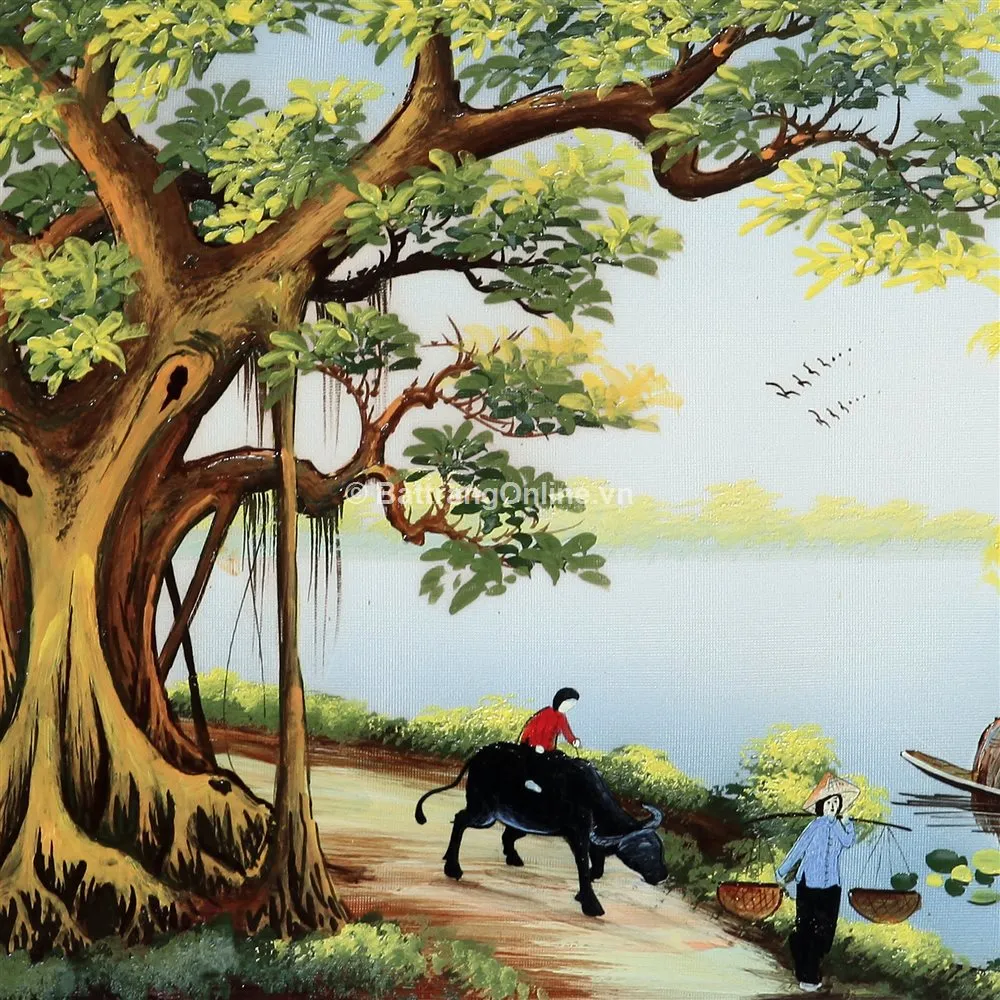 Chi tiết dòng sông quê với thuyền nan và cảnh hoàng hôn