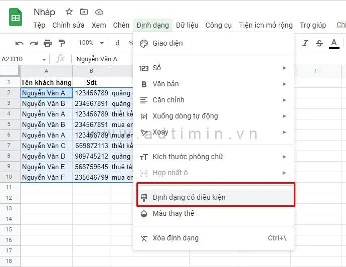 Truy cập menu định dạng có điều kiện