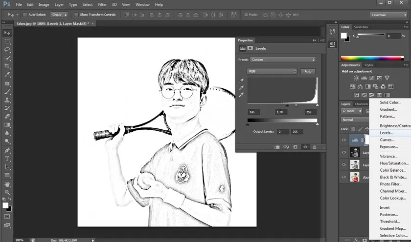 Chọn Levels để cân bằng độ sáng tối cho tác phẩm