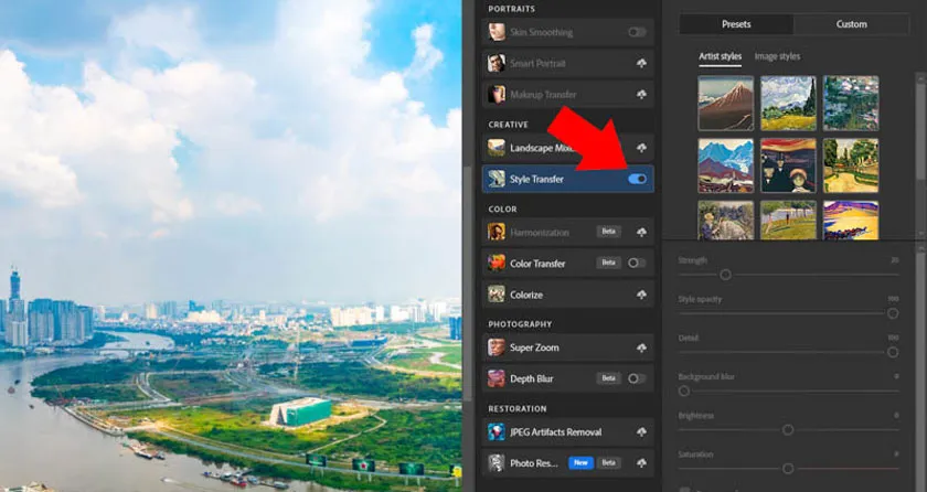 Chọn tải Style Transfer trong menu Creative để bắt đầu sáng tạo