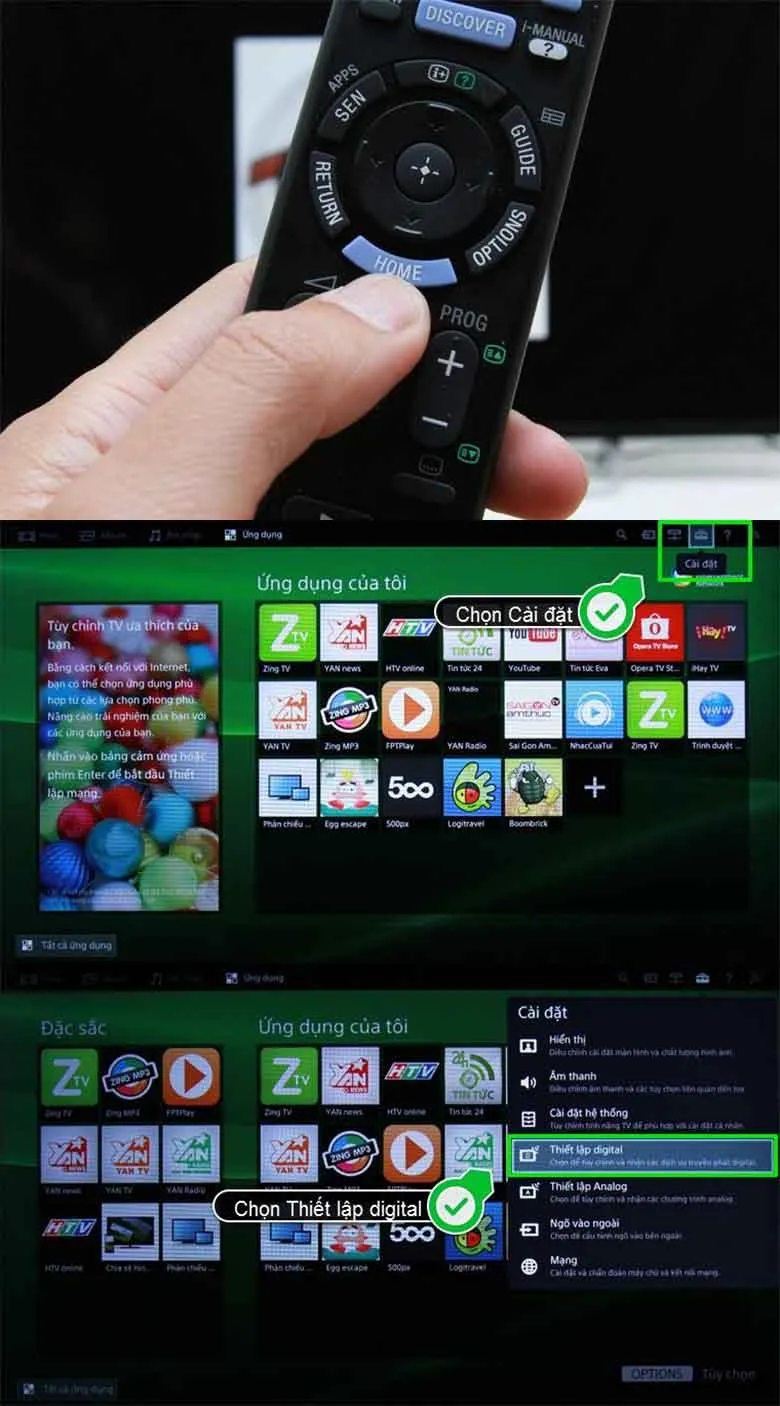 Hướng dẫn nhấn nút Home trên điều khiển tivi Sony để bắt đầu dò kênh thủ công