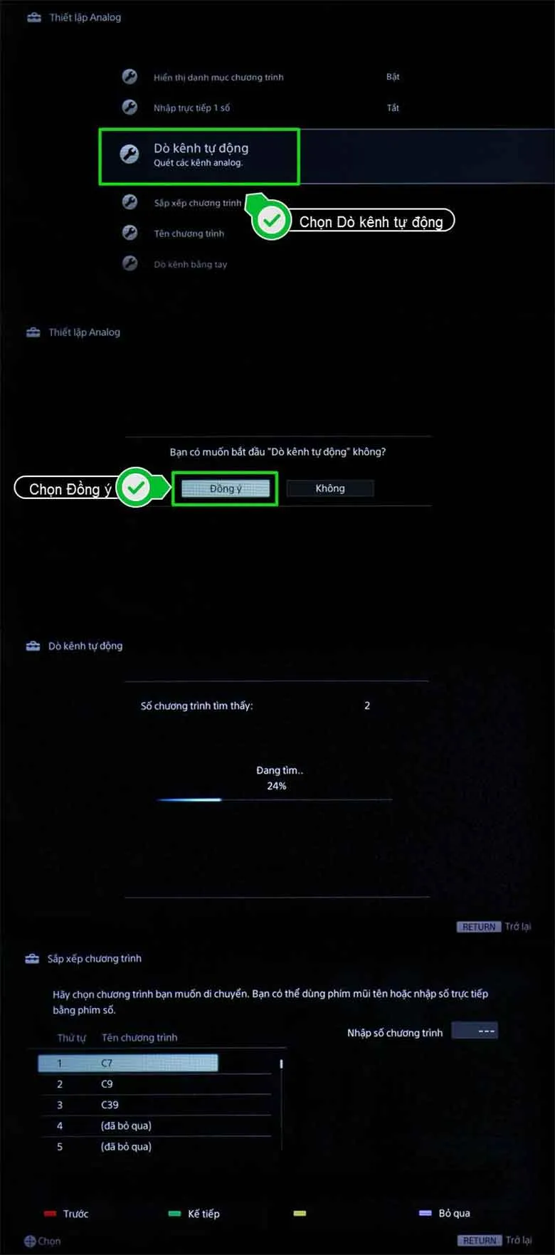 Màn hình xác nhận đồng ý quá trình dò kênh tự động trên hệ thống tivi Sony
