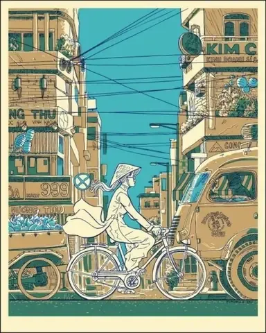 Con đường làng quê uốn lượn với những hàng dừa và ngôi nhà mái ngói đỏ