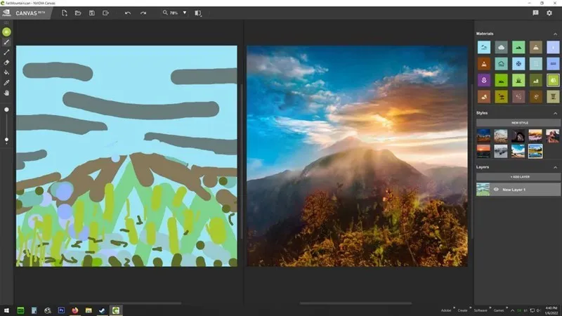 Công cụ NVIDIA Canvas hỗ trợ biến nét vẽ thô thành phong cảnh