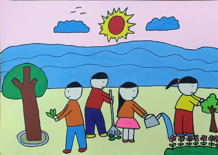 Cùng bạn bè dọn dẹp rác, chăm sóc cây xanh