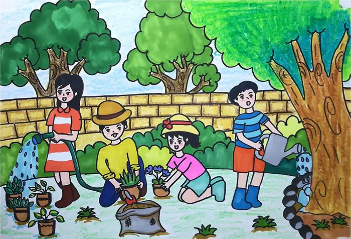 Cùng bạn bè trồng thêm cây xanh, chăm sóc cây trong sân vườn