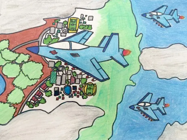 Tranh vẽ lực lượng không quân Việt Nam bảo vệ bầu trời - em Ngô Duy Anh Lớp 7A2