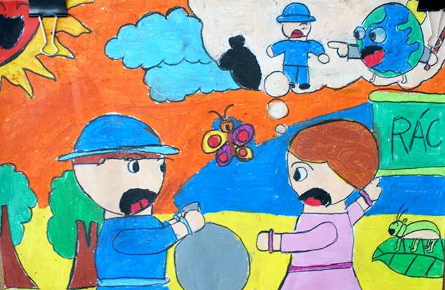 Tranh vẽ đề tải bảo vệ môi trường cấm xả rác bừa bãi - em Lê Ngân lớp 6