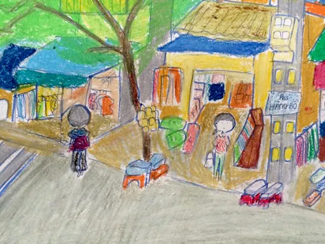 Tranh vẽ một góc phố cổ Hà Nội - phố hàng bồ - em Lê Thị Kim Ngân - Lớp 9A