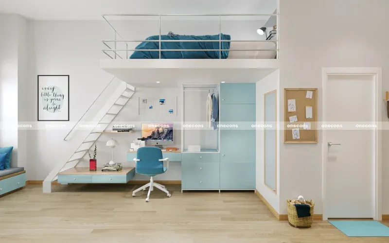 Phòng trọ có gác được trang trí hiện đại với gác lửng rộng rãi