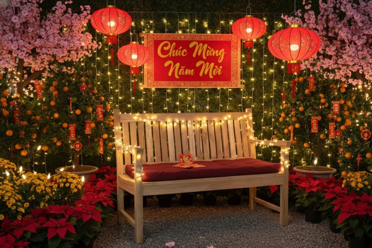 Hệ thống ánh sáng ấm áp cho sân vườn đêm giao thừa và mùng một.