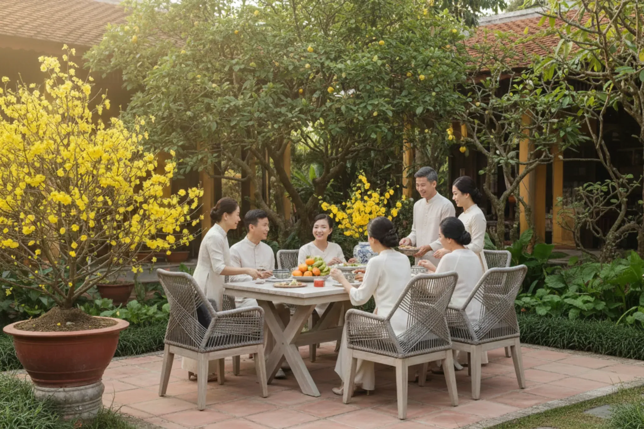 Cả gia đình quây quần bên hiên nhà trang hoàng rực rỡ ngày tết.