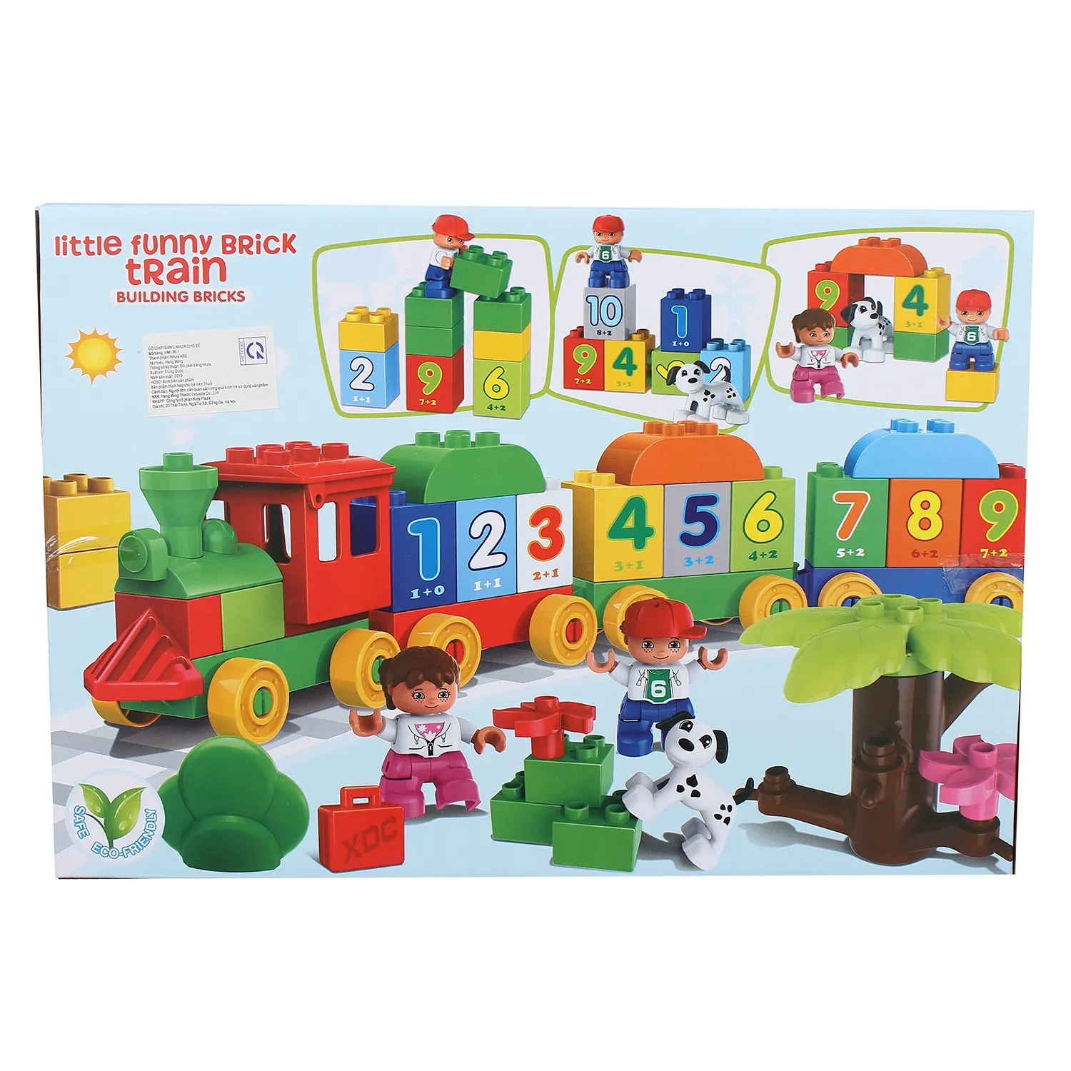 Mô hình tàu hỏa đồ chơi với đầu máy màu xanh và các toa xe đa dạng