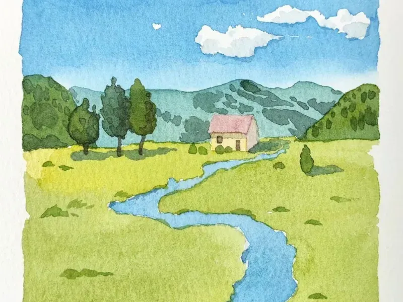 Đồng cỏ xanh và suối uốn lượn