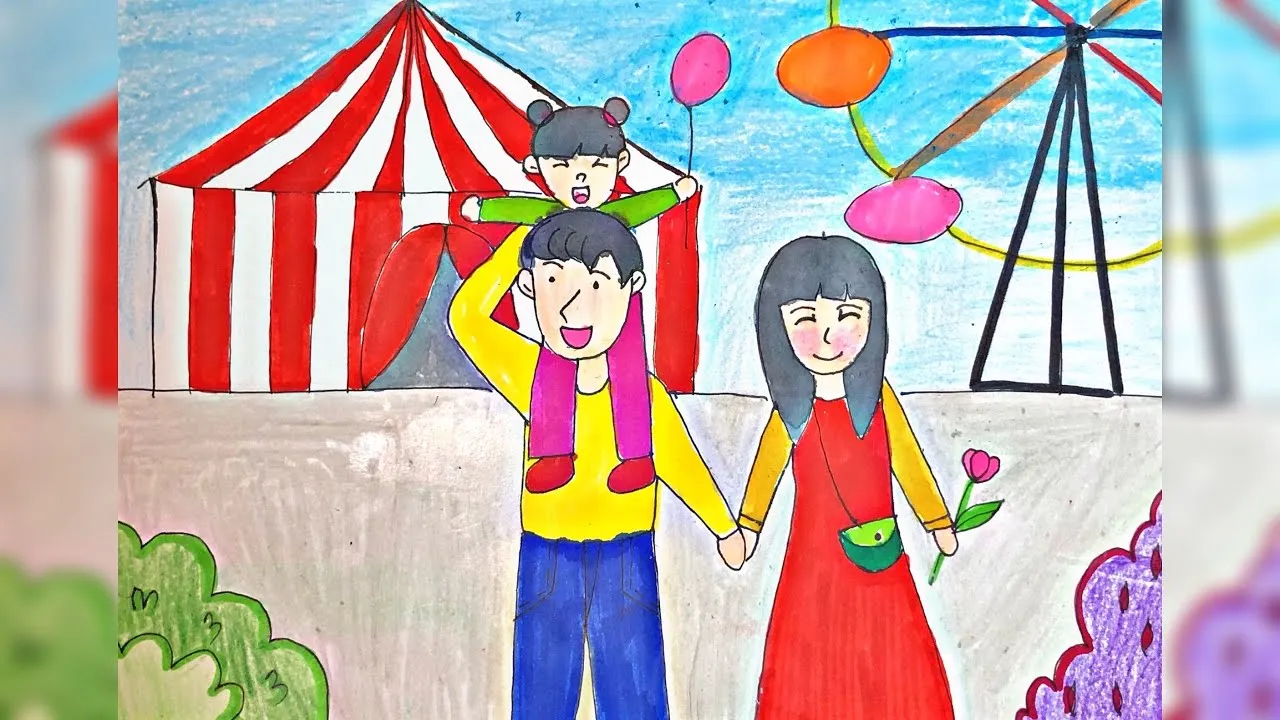 Tranh mẫu 2: Vẽ tranh gia đình đi picnic, du lịch