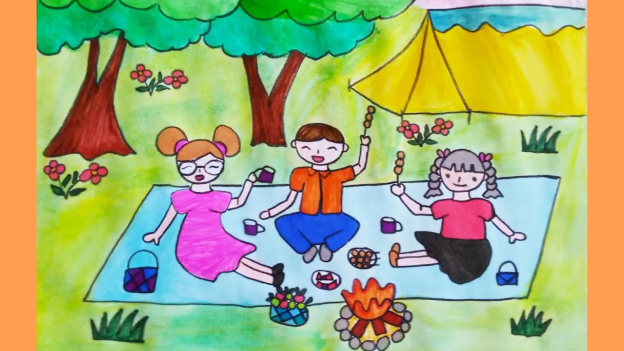Tranh mẫu 8: Vẽ tranh gia đình đi picnic, du lịch