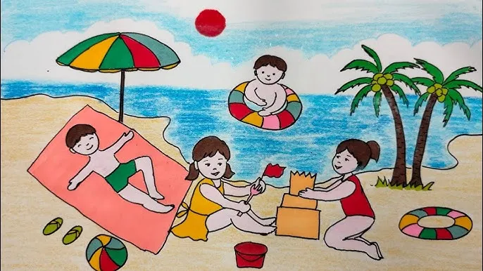 Tranh mẫu 12: Vẽ tranh gia đình đi picnic, du lịch