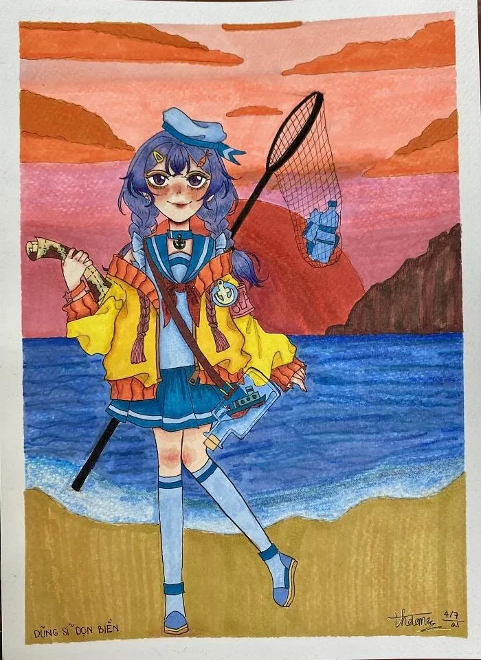 Dũng sĩ tí hon tham gia hoạt động vẽ tranh bảo vệ tầng ozon tại bãi biển