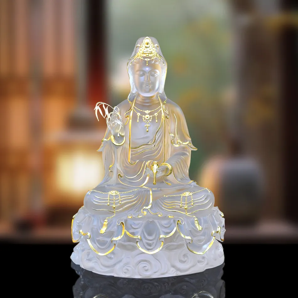 Tượng Quan Âm Lưu Ly Ngồi Đế Mây Đá Trắng Cao 36cm