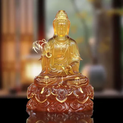 Tượng Quan Âm Ngồi Đế Mây Lưu Ly Viền Vàng, Cao 36cm