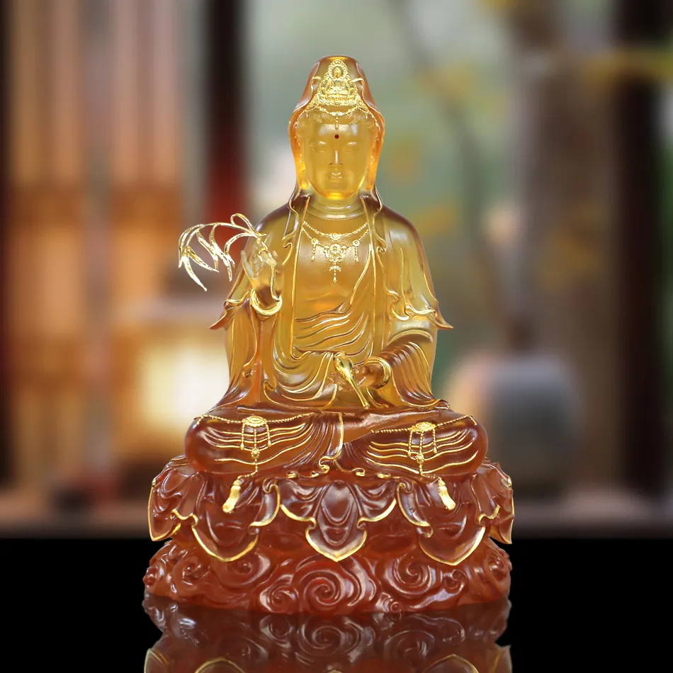 Tượng Quan Âm Ngồi Đế Mây Lưu Ly Viền Vàng Cao 36cm